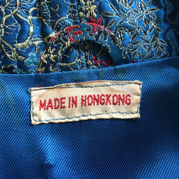 Vintage Maxi Coat Made In Hong Kong Embroidered Chinese Garden Scene Size M Blue - Picture 6 of 6